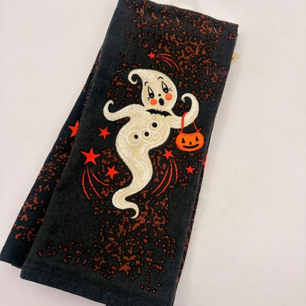 Johanna Parker Halloween Ghost Kitchen Towels Set of 2 Black Orange Cotton 18x28